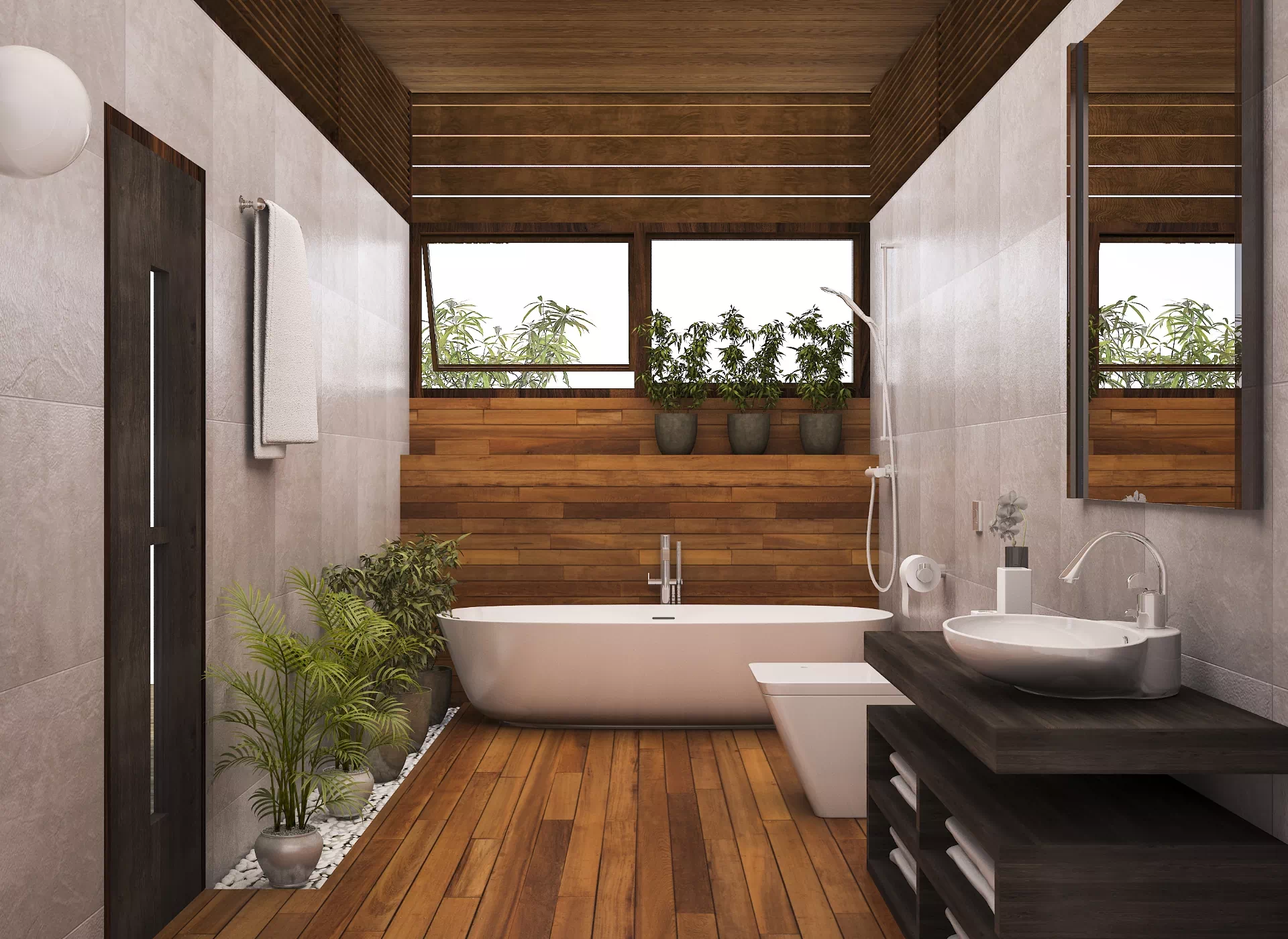 łazienka w drewnie z wanną